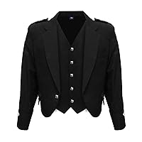 TRUESAGA - Scottish Black Argyll Kilt Jacket Barathea Wool Fabric With 5 Button Vest