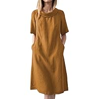 Women's Summer Dresses Ladies Dress Solid Color Casual Loose Cotton Linen Short Sleeve Dresses(Yellow,XX-Large