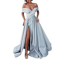 Women's Off Shoulder High Slit Long Prom Evening Dress with Pockets