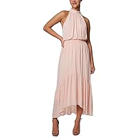 Laundry by Shelli Segal Women's Halter Neck Midi Dress with Tiered Skirt and Bow Tie