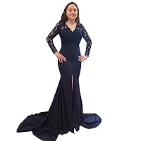 Mermaid V Neck Evening Dress Formal Gowns with Long Lace Sleeves High Slit 2024