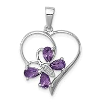 925 Sterling Silver Polished Prong set Open back Rhodium Amethyst and Diamond Butterfly Angel Wings Love Heart Pendant Necklace Measures 26x18mm Wide Jewelry for Women