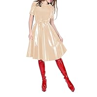 Office Lady O-Neck Glossy Solid Color Knee-Length PVC Dress Female Short Sleeve Elegant A-line Dress with Belt