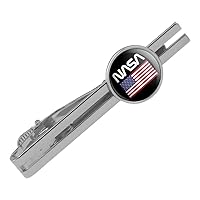 NASA Official Worm Logo United States USA Flag Round Tie Bar Clip Clasp Tack Silver Color Plated