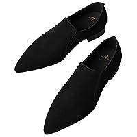 MOOMMO Women Pointed Toe Suede Loafers Flats Slip On Comfortable 1 Inch Chunky Low Heels Dress Loafer Shoes Flat Heel Office Elastic Band Closed Pointy Toe Driver Flats Casual Work Basic 4-10 M US