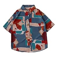 Summer Korean Blouse Style Design Abstract Geometric Print Shirt Men ' Punk Loose Short Sleeve Top