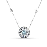 Round Aquamarine Baguette & Natural Diamond 1/2 ctw Women Milgrain Halo Pendant Necklace Natural Diamond Stations. Included 17 Inches Chain 14K Gold