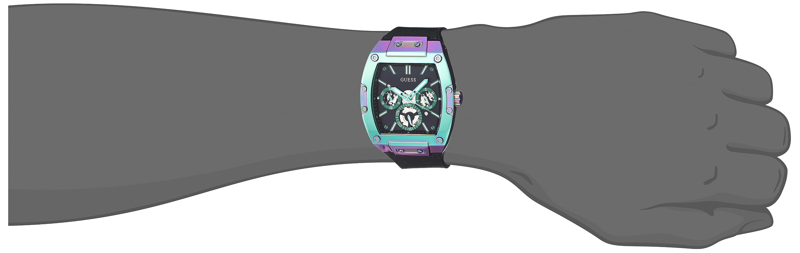 GUESS Iridescent and Black Silicone Multifunction Watch