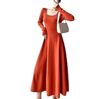 Casual Square Collar Woman's Long Sleeve Knitting Dress Autumn Black Female High Waist A-Line Sweater Dresses