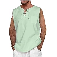 Cotton Linen Tank Top for Men's Casual Sleeveless Lace Up V Neck Tops Summer Holiday Beach Tee Cool Muscle Shirts
