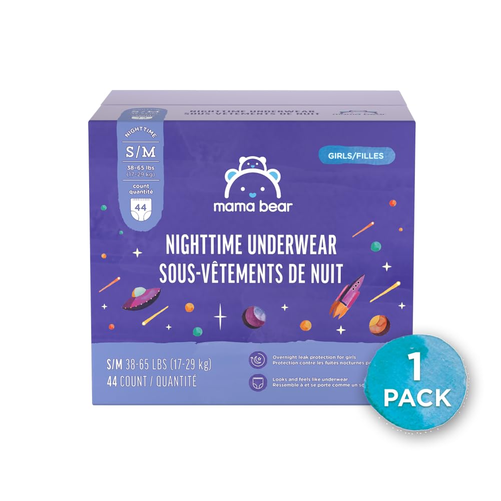 Amazon Brand - Mama Bear Nighttime Underwear for Girls, Hypoallergenic, Size Small/Medium, 44 Count
