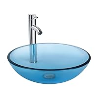 Bathroom Round Glass Vessel Sink Basin with Faucet Pop-Up Drain (Blue)