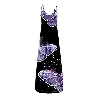 Beach Wear for Women,Women’s Summer Casual Loose Sleeveless Spaghetti Strap Asymmetric Tiered Beach Maxi Long Dress