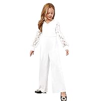 WDIRARA Girl's Floral Appliques Mesh Long Sleeve V Neck Wide Leg Casual Birthday Party Jumpsuits