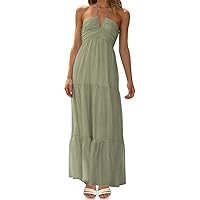 Women's Summer Dresses Ladies Suspender V Neck Long Patchwork Temperament Off Shoulder Casual Dress(Green,Large)