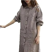 Single-Breasted Button-up Dress Loose Fit Flower A-line with Patch Pockets Long Sleeves for Women