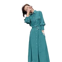 Autumn Winter Korean Style Elegant Buttons Dress Women Long Sleeve Waist Belt Ladies Loose Solid Dresses