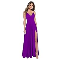 Women's Spaghetti Straps Soft Satin Bridesmaid Dresses V Neck Long Satin with Slit Formal Prom Gowns Backless
