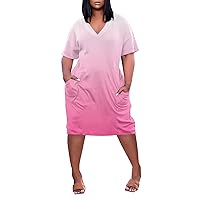 Women's Casual Dresses, Summer Plus Size V Neck Short Sleeve Knee Pocket Gradient Dress for Women Length 2024 Cotton