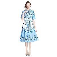 Summer Vintage Flowers Print Collar Bow Tie Buttons Short Sleeve Women Ladies Casual Party Midi Dresses