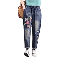 Cartoon Embroidery Ripped Hole Harem Jeans Women Capris Denim Pants Streetwear High Waist Do Old Cowboy Trouser