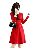 Women's Long Sleeve Pleated Loose Swing Casual Dress with Pockets Knee Length,Red,M