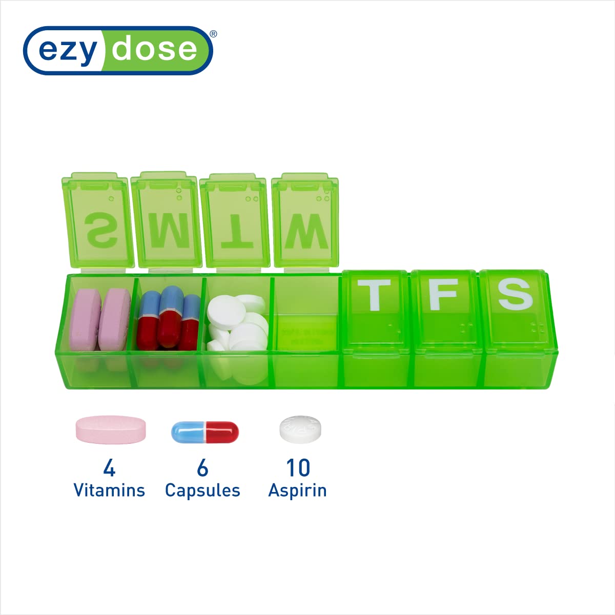 EZY DOSE Weekly (7-Day) Pill Organizer, Vitamin Planner, and Medicine Box, Medium Compartments, Green