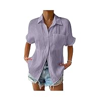 Women' Clothing Summer Simple Casual Button Up Shirt Down Collar Pleated Short Sleeve Blouse Comfortable Tops
