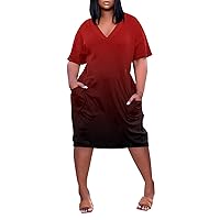 V-Neck Dress Ladies Loose Short Sleeve Trendy Knee Breathable Plus Size Women's Pocket Daily Dressy for Women