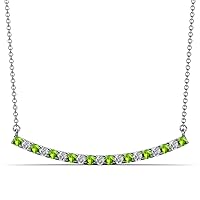 Round Peridot Diamond 5/8 ctw Women Curved Bar Pendant Necklace 16 Inches 14K Gold Chain