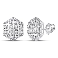 The Diamond Deal 10kt White Gold Mens Round Diamond Hexagon Cluster Earrings 1/10 Cttw