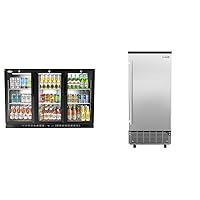 KoolMore - BC-3DSW-BK 3 Door Back Bar Cooler Counter Height Glass Door Refrigerator & Stainless-Steel Built-in Ice Maker Machine with Large 25 lb. Cube Storage Basket