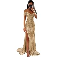 Off Shoulder Prom Dresses 2024 Mermaid Sequined Long Formal Gowns and Evening Dresses with Side Slit