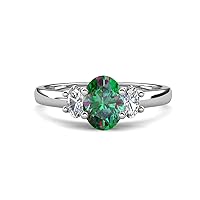 Center Lab Created Alexandrite Oval Cut 8x6 mm and Side Lab Grown Diamond 2.00 ctw Trellis Three Stone Engagement Ring 14K Gold