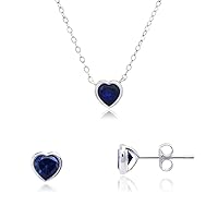 MAX + STONE Solid 14k White Gold Created Blue Sapphire Bezel Set Heart Shaped Gemstone Pendant Necklace and Stud Earrings Jewelry Set