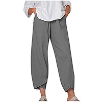 Cotton Linen Ankle Pants for Women Elastic Waist Capri Pants Wide Leg Beach Pant Loose Fitted Cropped Trousers with Pocket