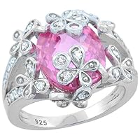 Sterling Silver Oval Pink Topaz Ring with Flowers CZ Accents Rhodium Finish, 5/8 inch Wide, Sizes 6-9
