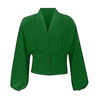 Women's Victorian Long Lantern Sleeve Shirts Sexy Wrap V Neck Buttons Cropped Tops Plus Size Novelty Work Blouses