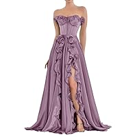 Tsbridal Women's Chiffon Prom Dresses A Line Long with Slit Ruffle Formal Party Gowns