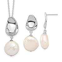925 Sterling Silver Rhodium Plated 13 14mm Freshwater Cultured Pearl 17inch Necklace Earrings Set Jewelry for Women