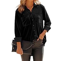 Womens Velvet Solid Color Hi-Low Button-Down Pocket Long Sleeve Shirt Plain Velour Dipped Hem Top Loose Blouse