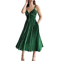 Spaghetti Straps Prom Dresses Velvet Tea Length V-Neck Slit Ruffle Bridesmaid Dresses with Pockets ZA691