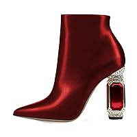 FSJ Women Chic Pointed Toe Crystal Chunky Block High Heel Ankle Boots Glossy Side Zipper Casual Daily Fashion Ladies Shoes Size 4-15 US