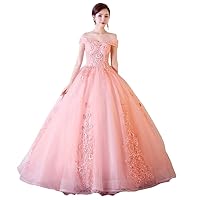 Women's Long Fluffy Quinceanera Dress Off Shoulder Wedding Gown Dresses Light Pink