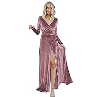 Wchecalino Long Sleeve Velvet Bridesmaid Dreeses for Wedding V Neck Women Formal Fall Winter Maxi Party Dress with Slit