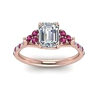 Choose Your Gemstone Emerald Cut Petite Cathedral Diamond CZ Ring Rose Gold Plated Emerald Shape Petite Engagement Rings for Women, Girls and Ladies US Size 4 to 12