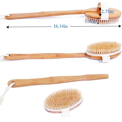 Shower Brush Bath & Dry Skin Body Brushing with Long Bamboo Detachable Hand & Soft Boar Bristle for Back Scrubber