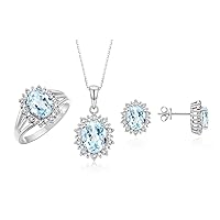 Rylos Princess Diana Inspired Matching Set, Sterling Silver Ring, Earrings & Pendant with 18