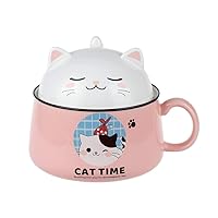 Cute Cat Instant Noodle Bowl With Lid Japanese Student Ceramic Ramen Soup Bowl Dormitory Cute Lunch Box Girl With Handle Microwaveable Bowl Office (Color : Pink)