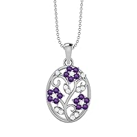925 Sterling Silver Filigree Floral Natural Round Cut Purple Amethyst & White Topaz Teardrop Charm Pendant Chain Necklace
